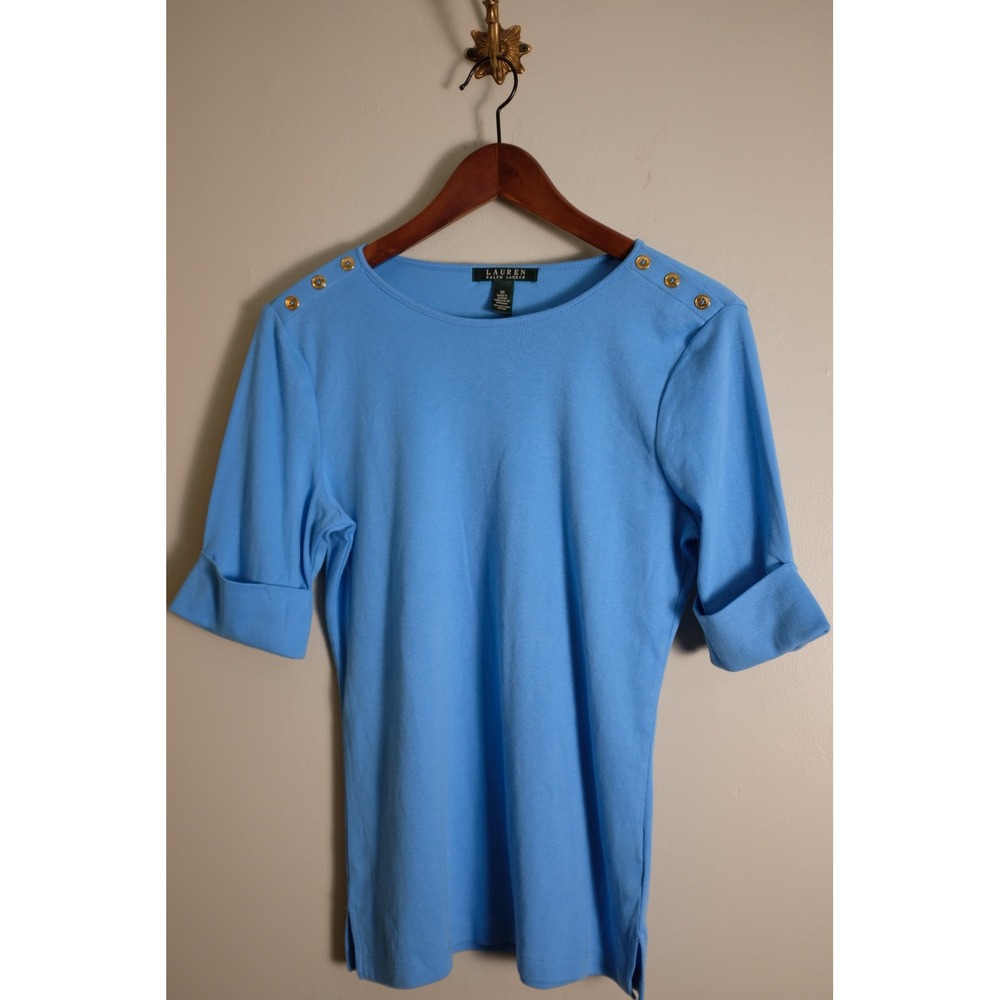 Lauren Ralph Lauren Blue Soft + Cozy Cotton Boat Neck Top Nautical Medium